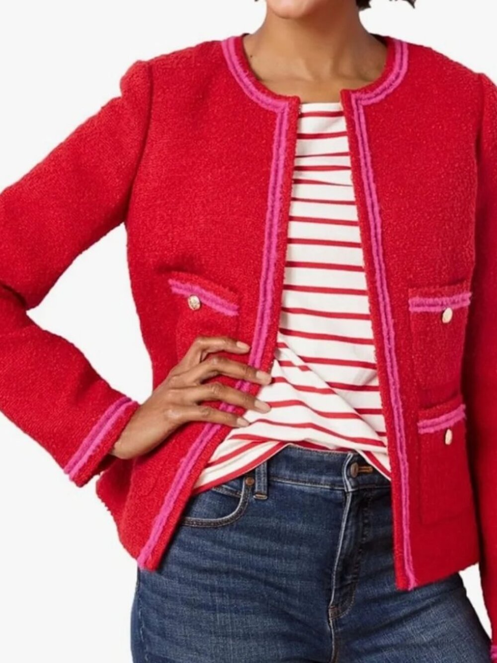 Talbots Red Pink Tweed Crop Jacket Blazer Women's Size 18 Office Business Casual